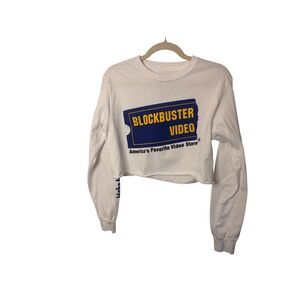 Blockbuster Womens Long Sleeve Crop Top T-Shirt S White Graphic Retro Y2K 90s